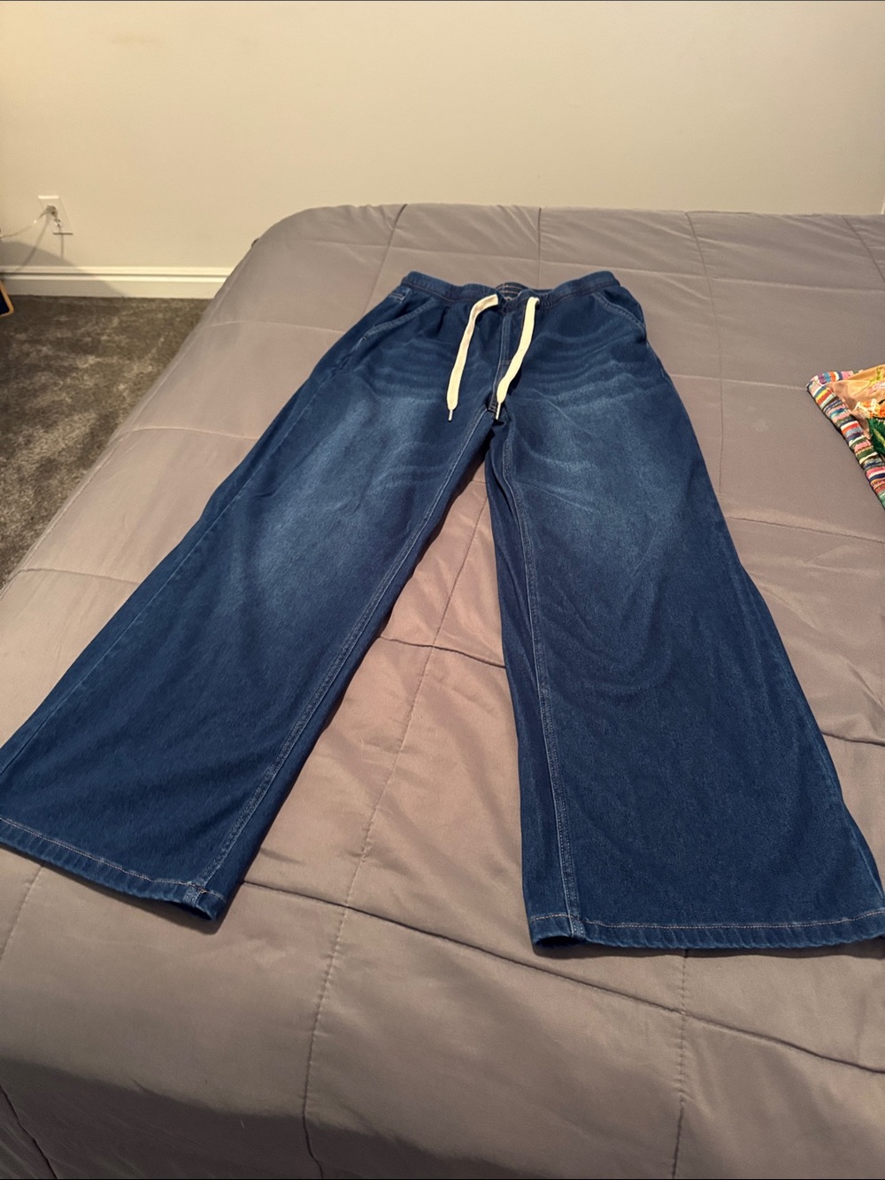 HALARA Dark Blue Denim Wide Leg denim with Drawstrings and Elastic Waist.